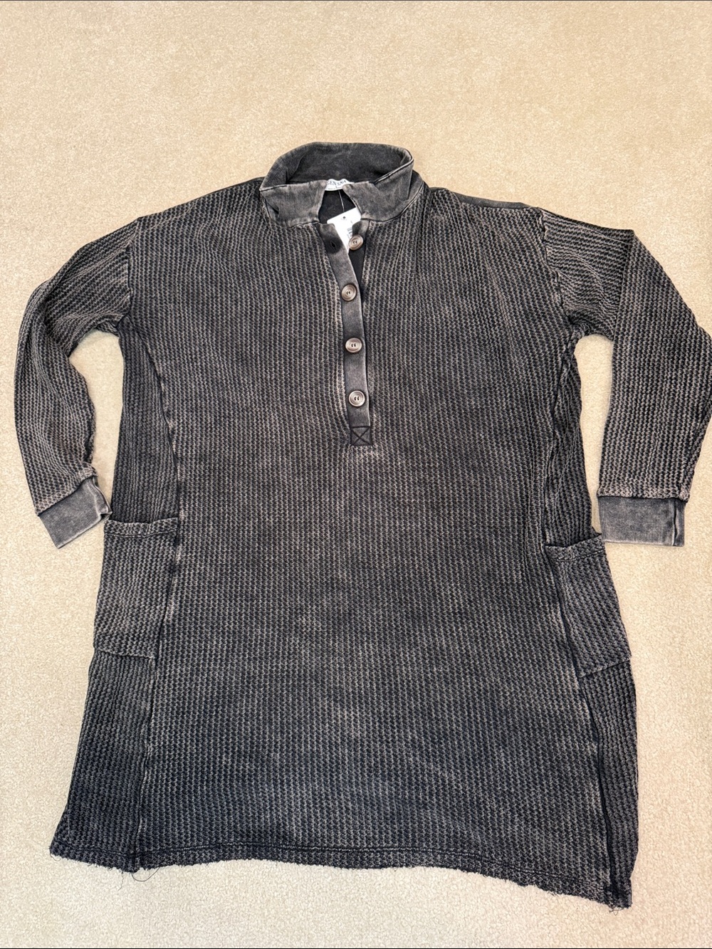 Washed Black Knit Button-Front Tunic Dress - Zenana